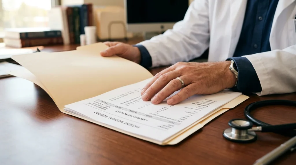 Médico urólogo revisando reporte de diagnóstico de cáncer de próstata en etapa temprana para orientar al paciente
