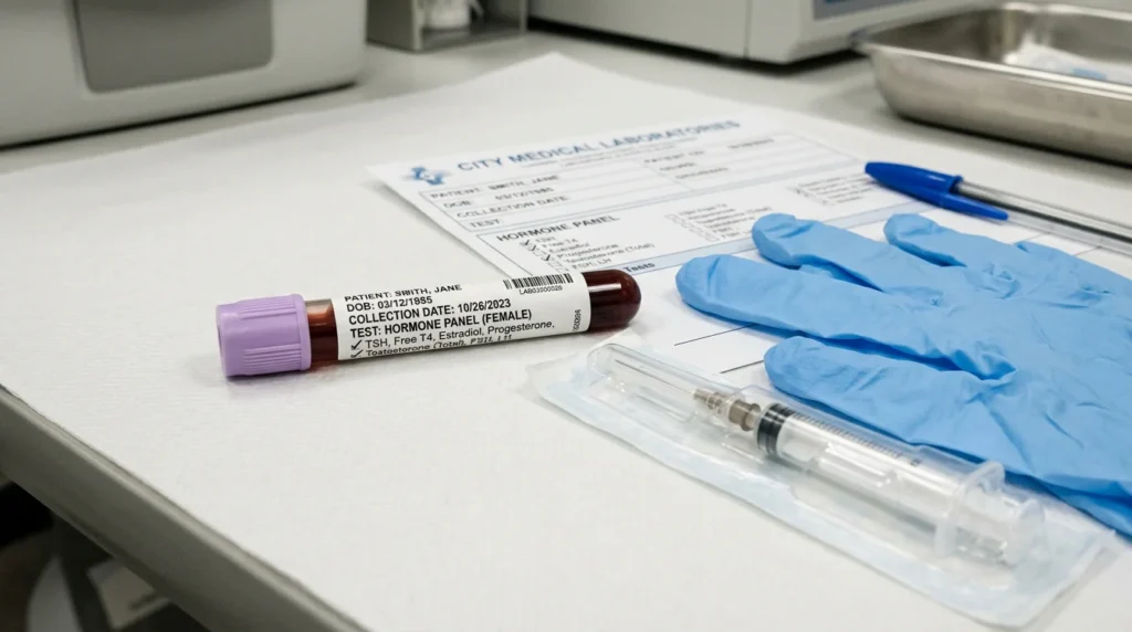 Muestra de orina con coloración rojiza que indica hematuria o sangre en la orina en hombres adultos