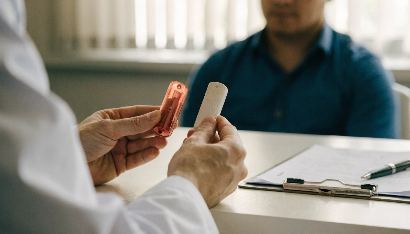 Médico comparando dos modelos de implante peniano Himplant, inflable y maleable