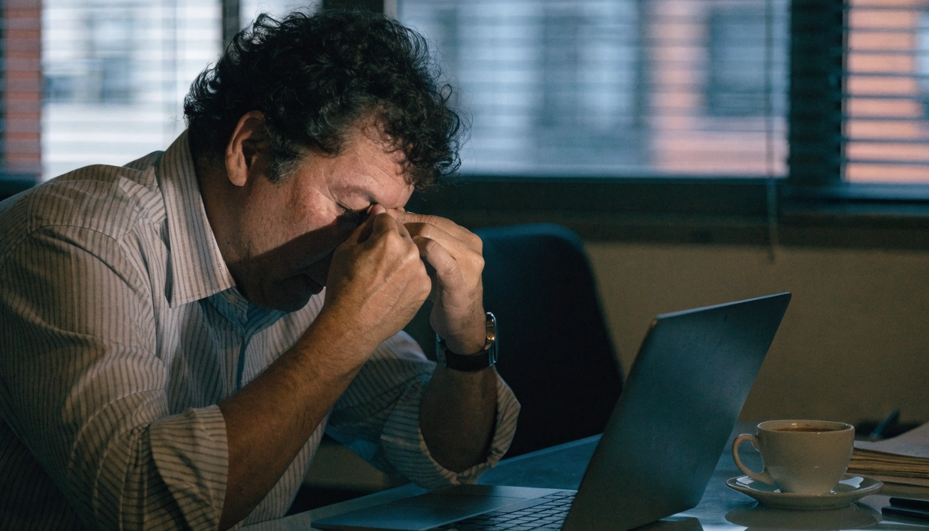 Hombre cansado con síntomas de testosterona baja frente a su laptop
