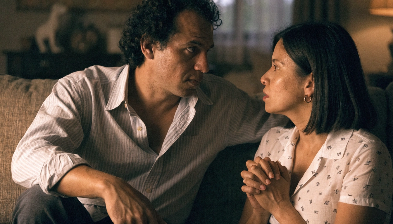 Pareja conversando sobre eyaculación precoz en la sala de su casa