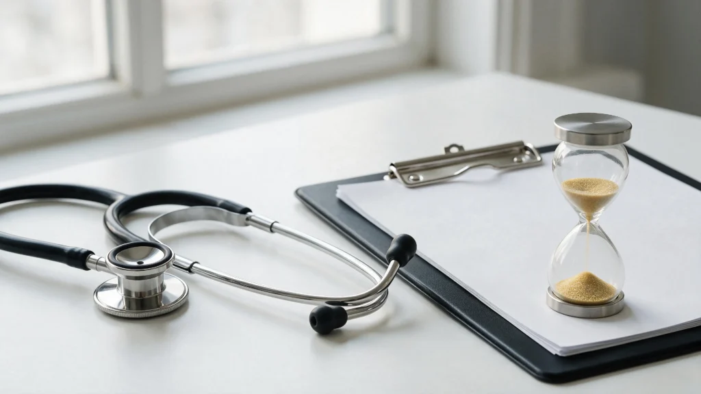 Estetoscopio, expediente médico y reloj de arena representando el seguimiento a largo plazo