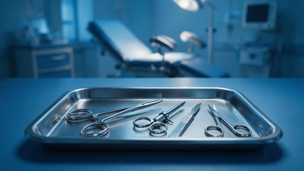 Charola de instrumental quirúrgico en consultorio de urología