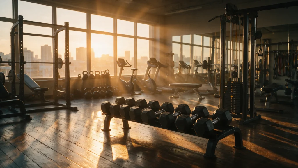Gimnasio iluminado al amanecer representando energía y vitalidad
