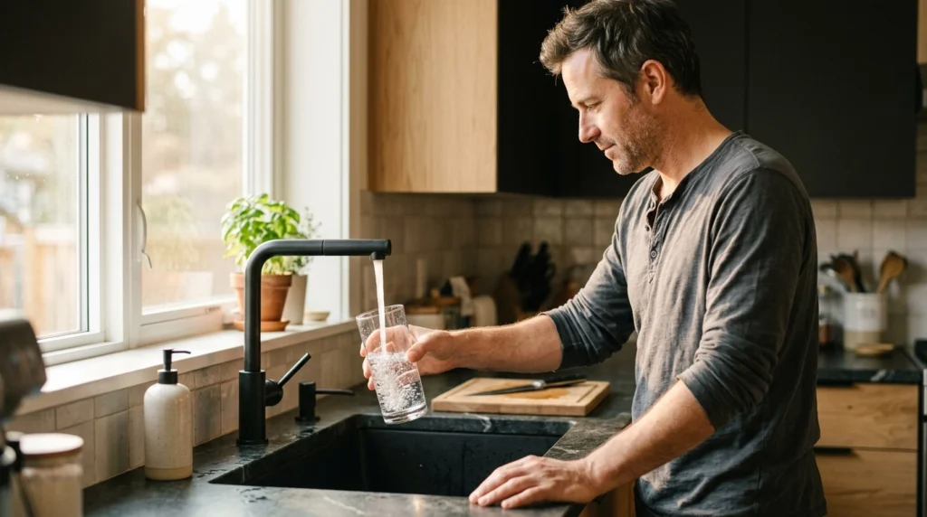 Hombre tomando agua para evitar que vuelvan a salir piedras en el riñón